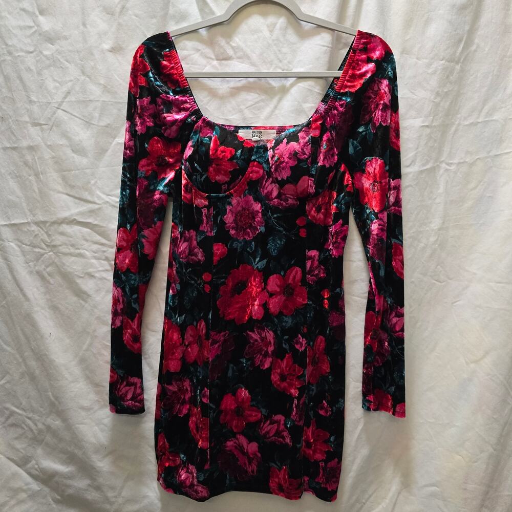 Madden NYC‎ velvet floral bodycon mini long sleeve bustier dress large stretchy